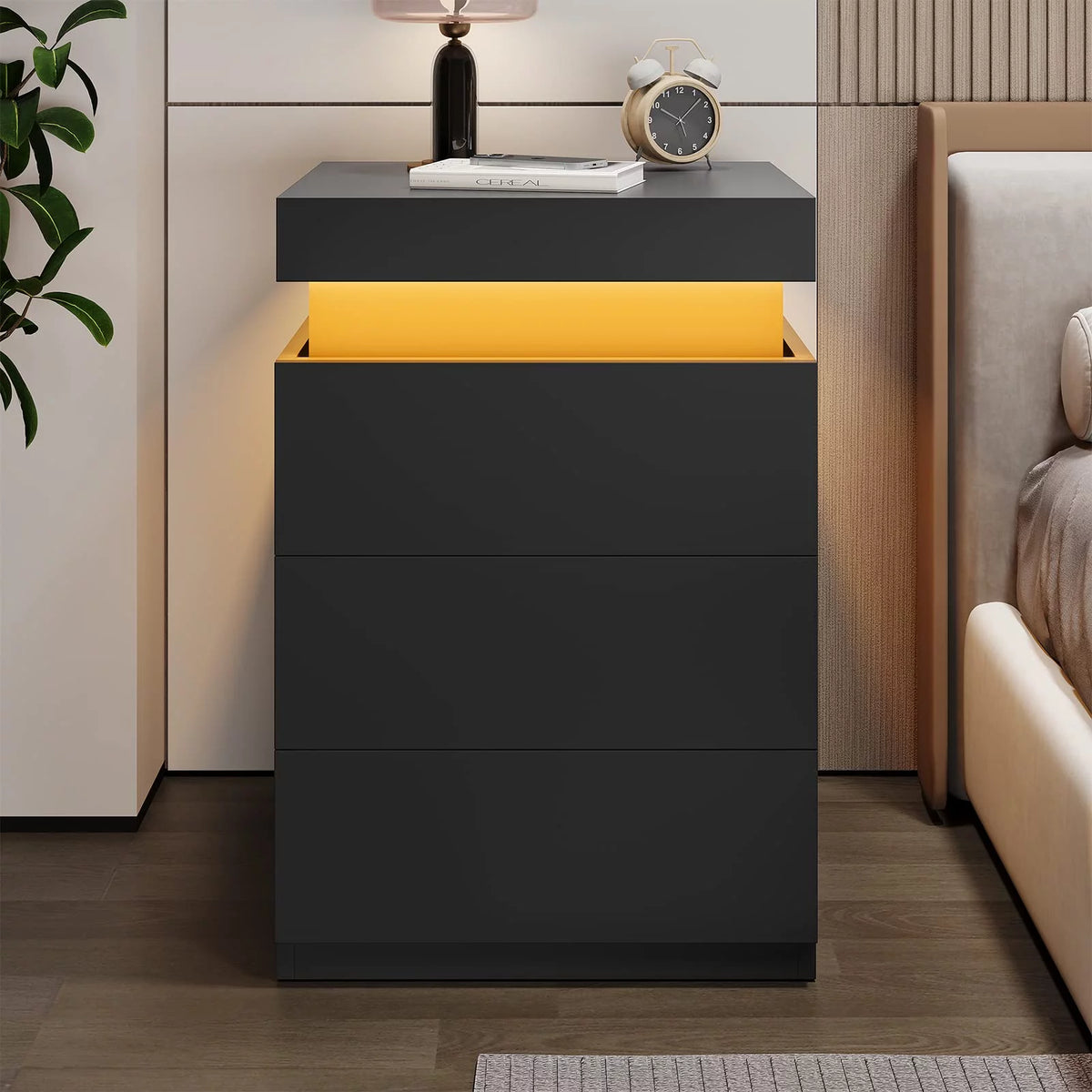 Black LED Nightstands Set of 2 with Charging Station and 3 Drawers E3497