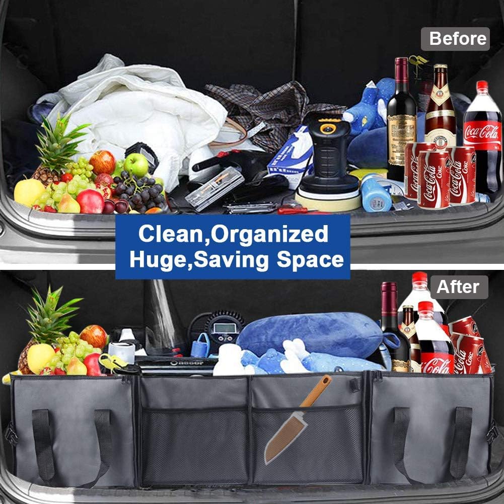 Car Trunk Organizer with Insulation Cooler Bags, Collapsible Portable, 4 Compartments Convertible, Washable E355