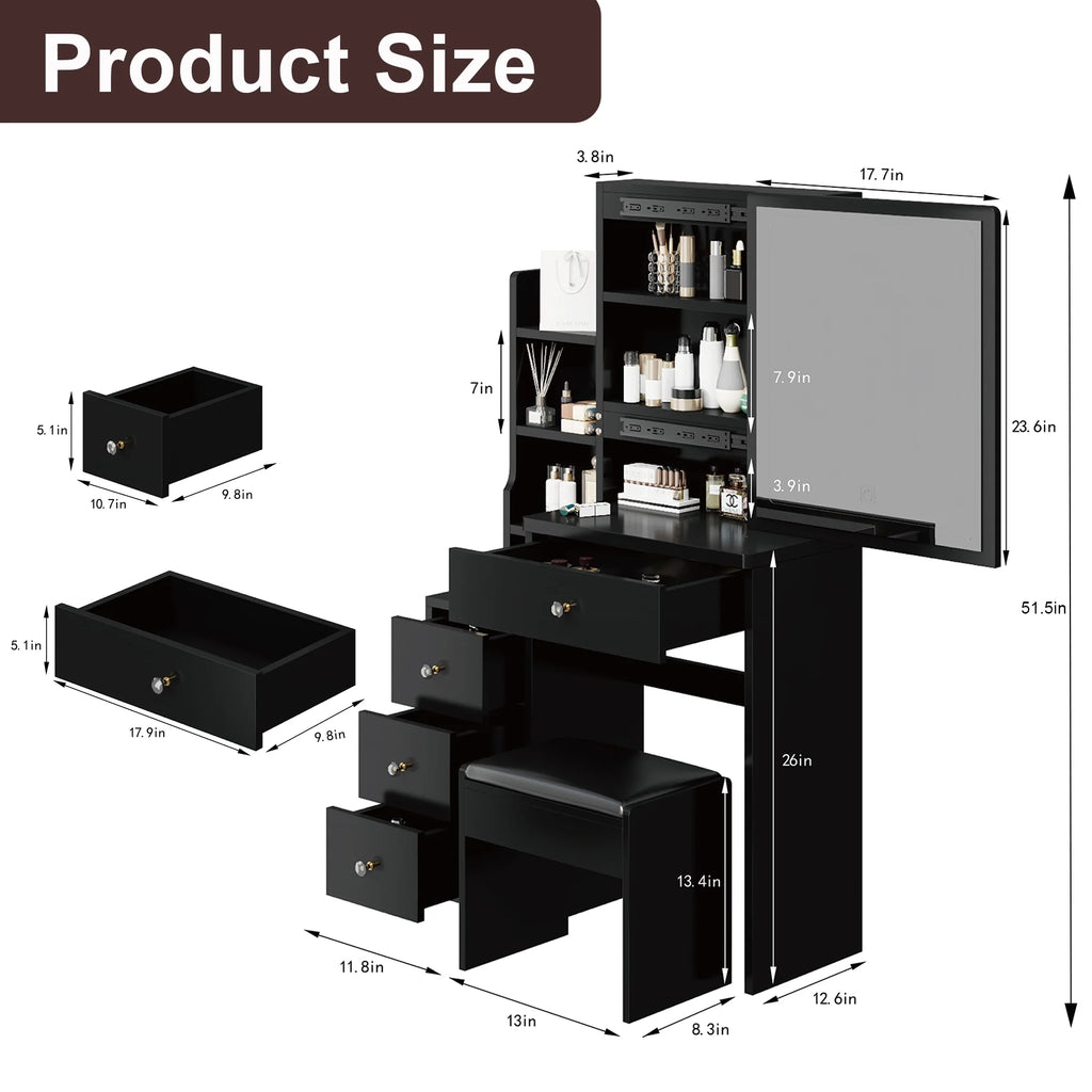 White Vanity Set with Sliding Mirror, Drawers & Stool F7834
