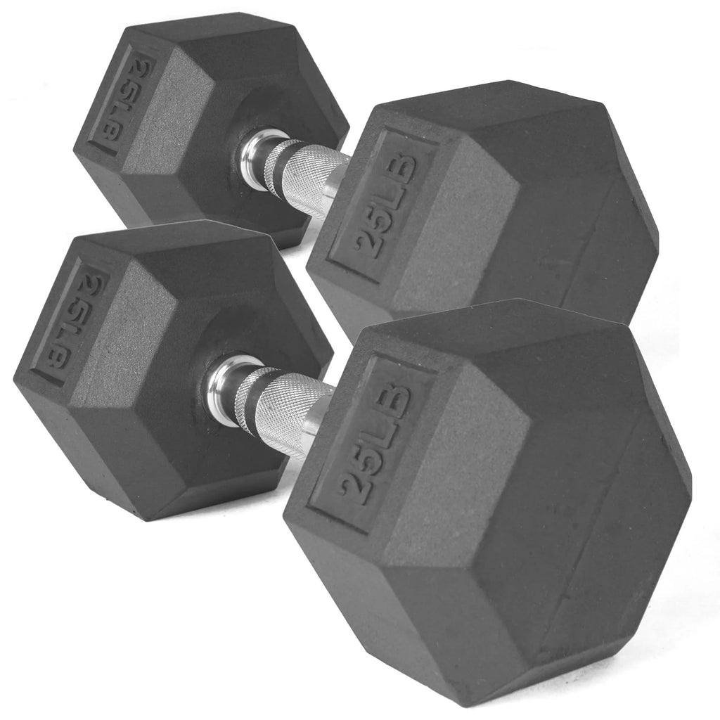 Pair of 25 lb Black Rubber Coated Hex Dumbbells I33712