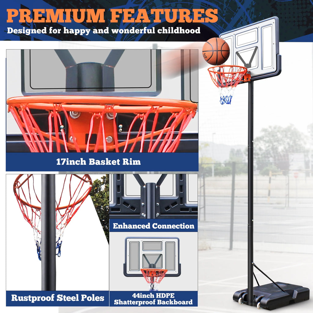 44 Basketball Hoop, 4.4-10ft Height Adjustable Portable Basketball Goal System with Shatterproof PVC Backboard and 18 Rim N448
