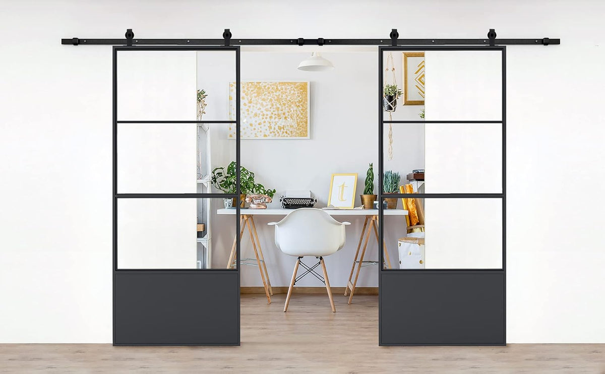 Double Barn Door 72 x 84 in with 12FT Hardware Kit and Soft Close Mechanism, Clear Tempered Glass Carbon Steel Frame I4095
