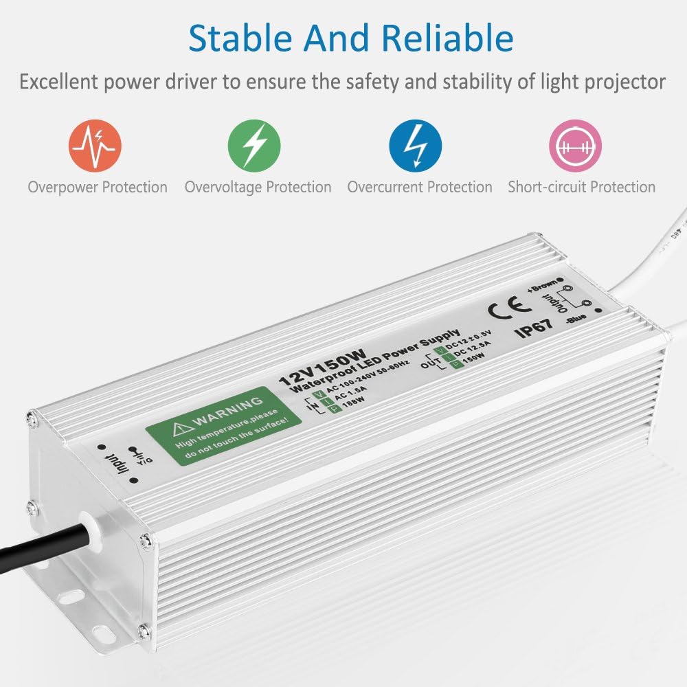 LEDMO IP67 Power Supply 300 Watts DC12V 25A AC/DC Driver Transformer Adapter Low Voltage Output with 3-Prong Plug 3.3 Feet Cable E7370