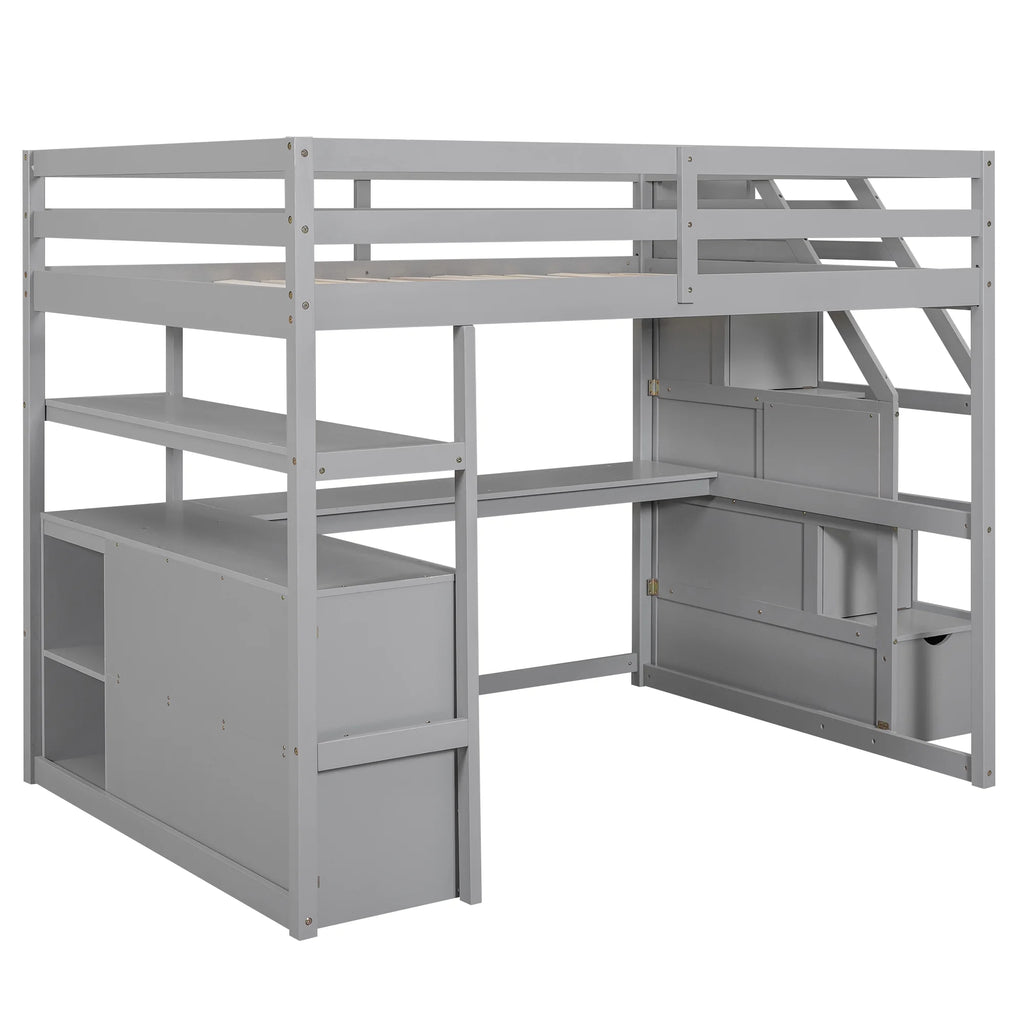 Full Wood Loft Bed with Desk, Storage Stairs, Two Drawers P676