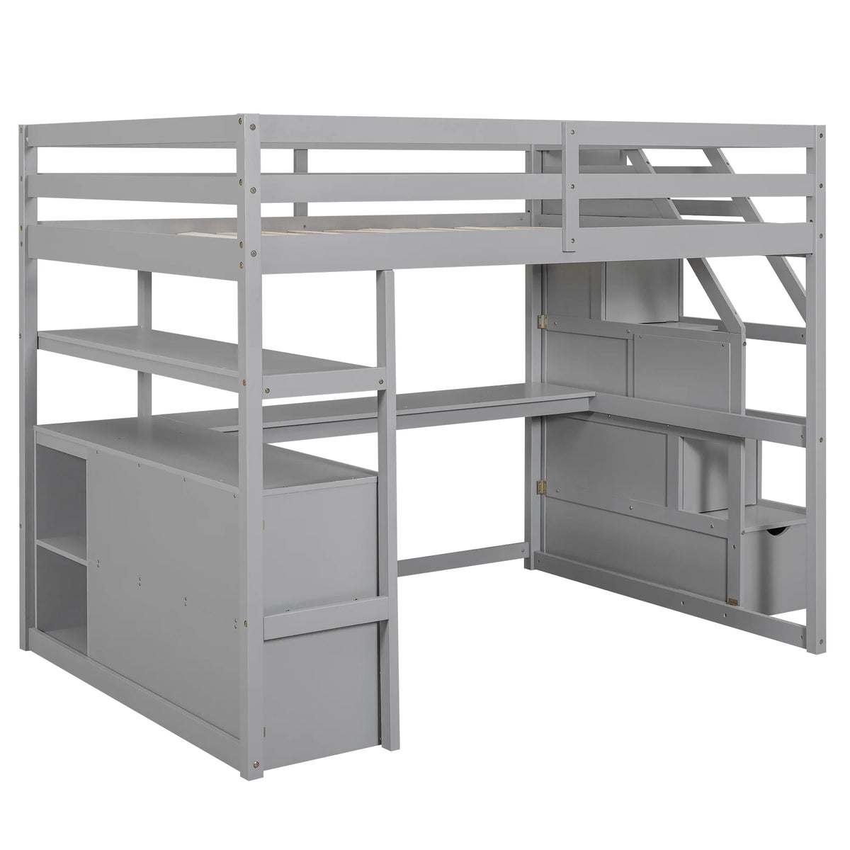 Full Wood Loft Bed with Desk, Storage Stairs, Two Drawers P676