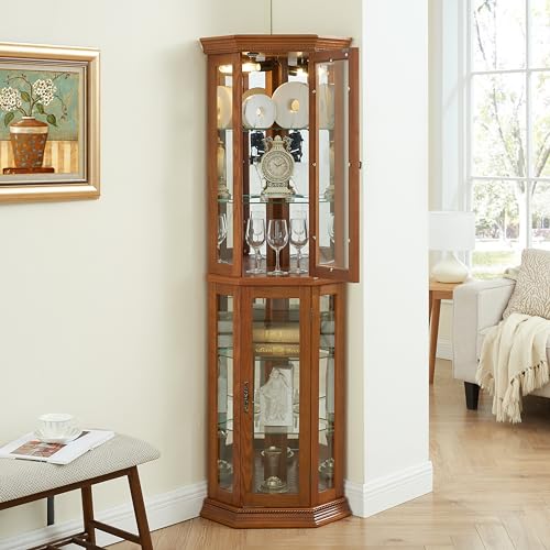 Lighted Corner Curio Display Cabinet with Adjustable Shelves & Mirrored Back N955473