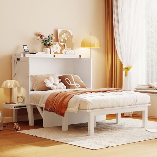 Full Size Murphy Bed with Desk, USB Port, and Shelves, White Wood Frame B741