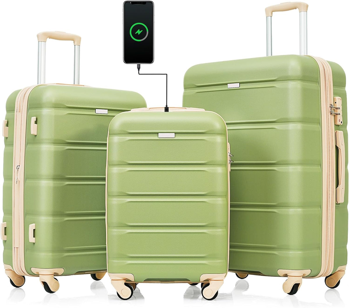 Set of 3 ABS Hard Shell Luggage with Spinner Wheels, Light Green I778174