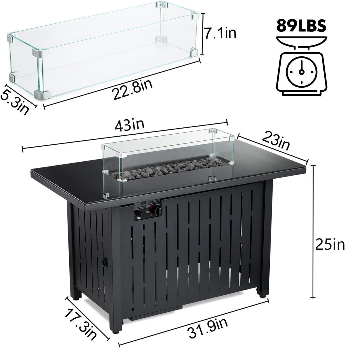 43 Inch 50,000 BTU Propane Gas Fire Pit Table with Glass Wind Guard O90496