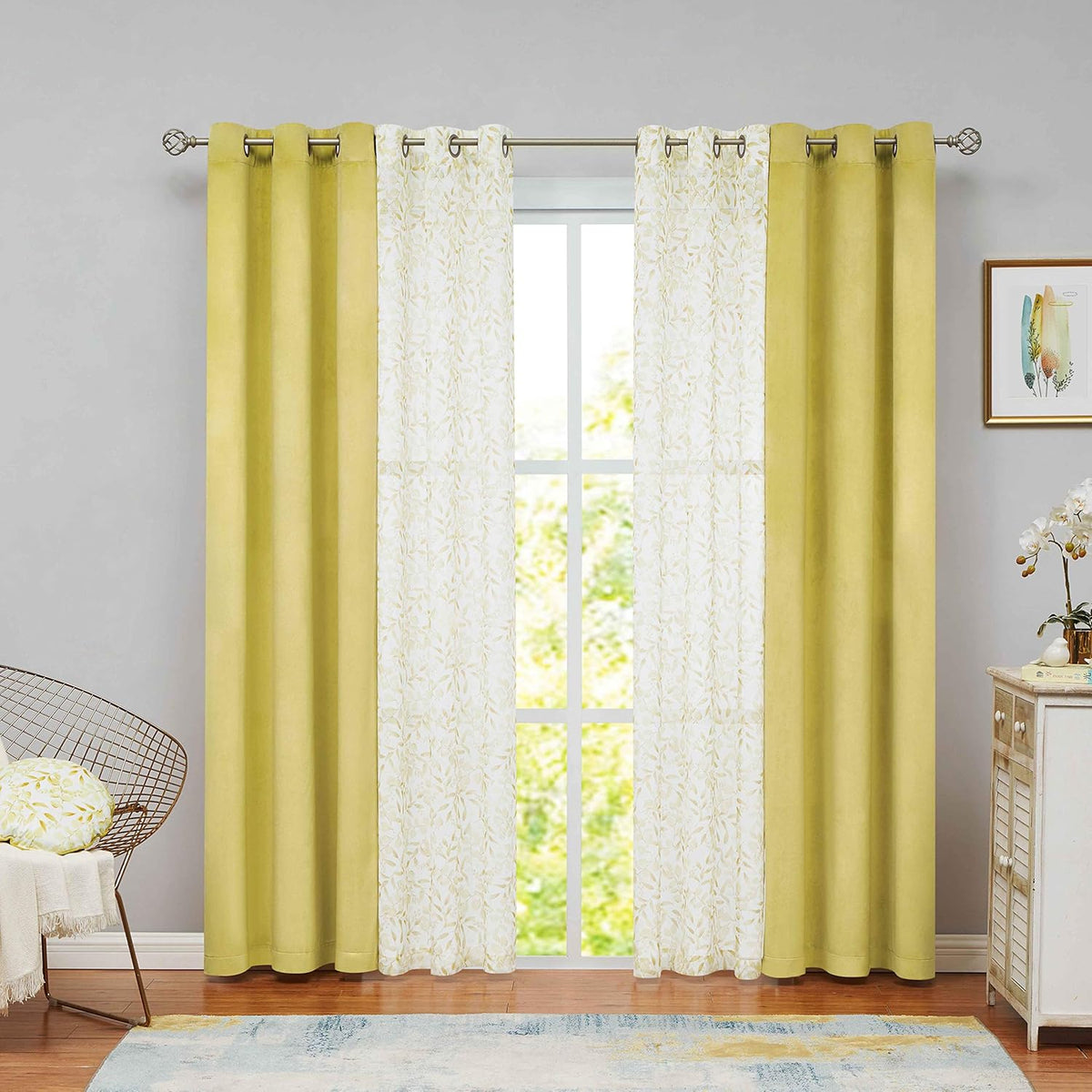 Grey Velvet Floral Sheer Curtains 63 inch 4 Pieces Set N130