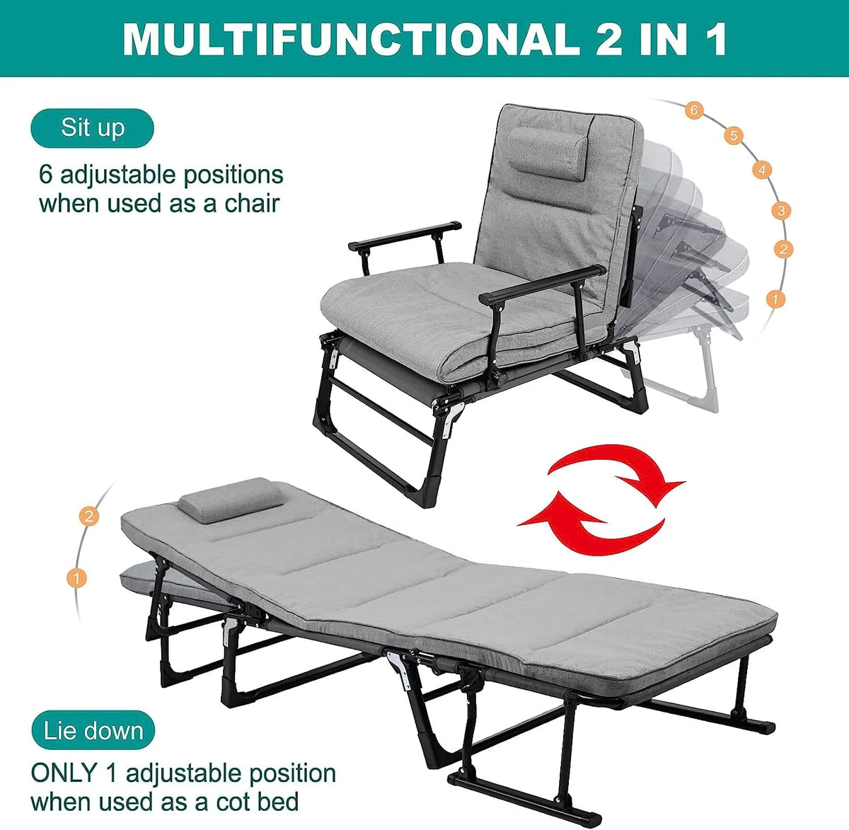 3 in 1 Folding Camping Cot Bed with Mattress & Pillow F5920