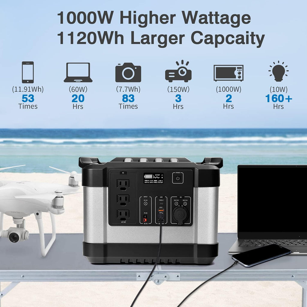 350000mAh 1000W 1120Wh Solar Power Generator with 3 AC Outlets, 3 USB Ports, LED Display X316