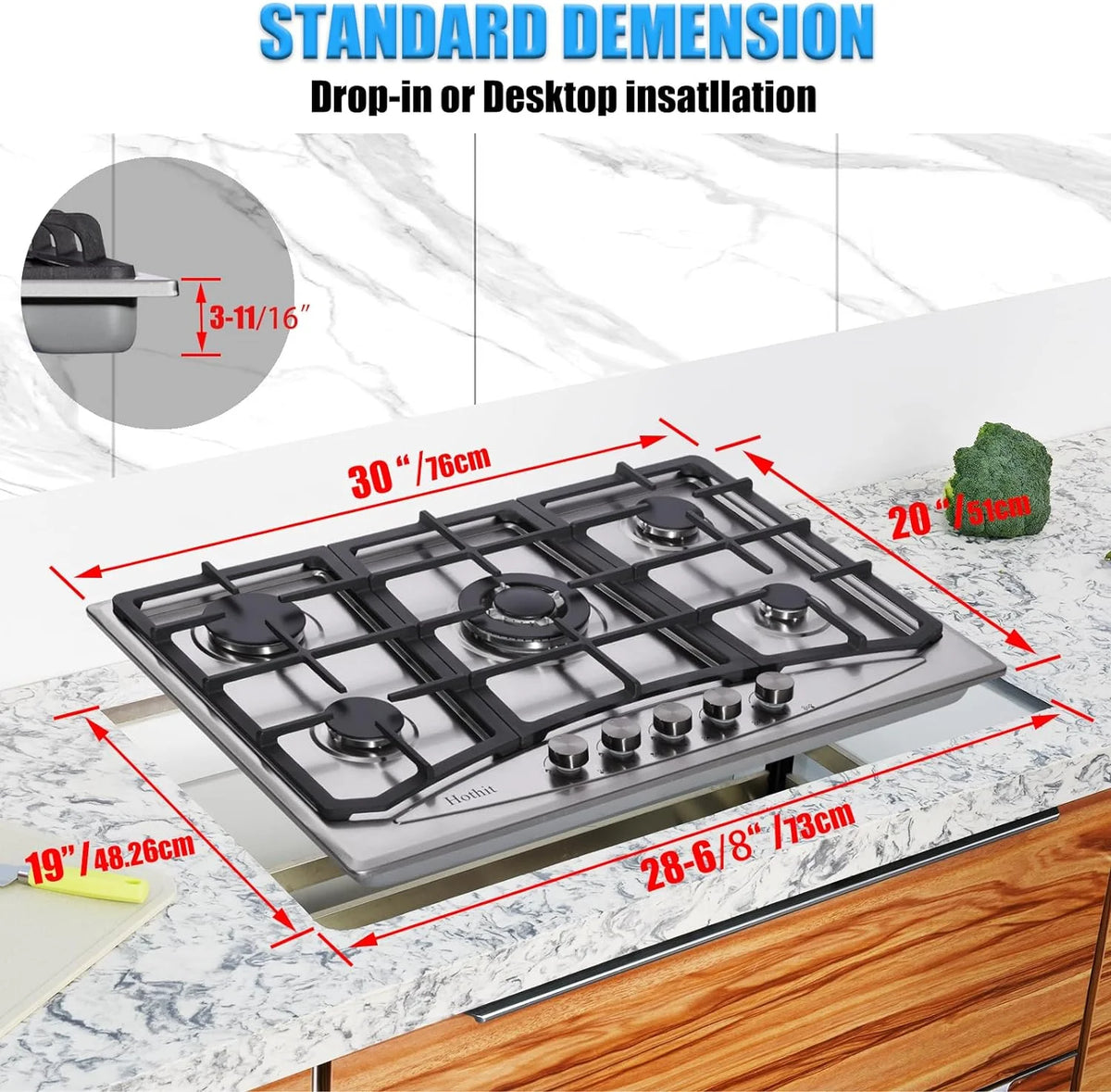 30" 5 Burner Built-in Stainless Steel Gas Cooktop C236