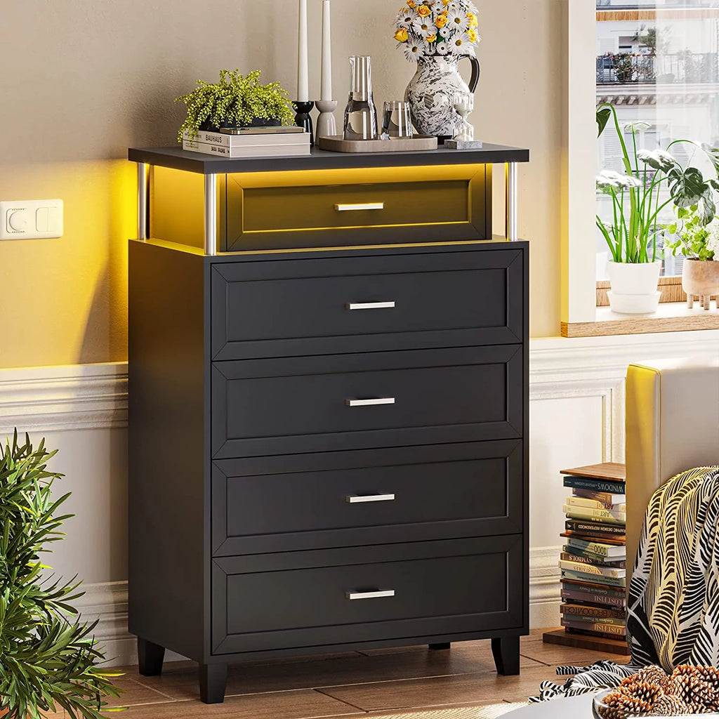 Black 5 Drawers Wood Dresser with LED Light V112659