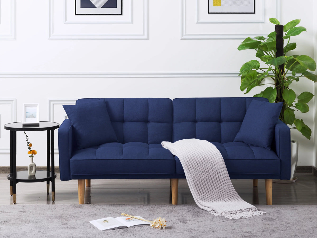 71.3 inch Futon Sofa Bed Convertible Sleeper Couch with 2 Pillows Navy Blue J175319