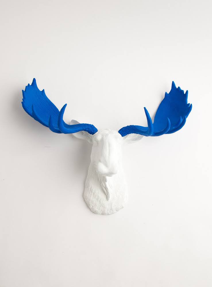 White Faux Taxidermy Moose Head with Blue Antlers Resin X88064