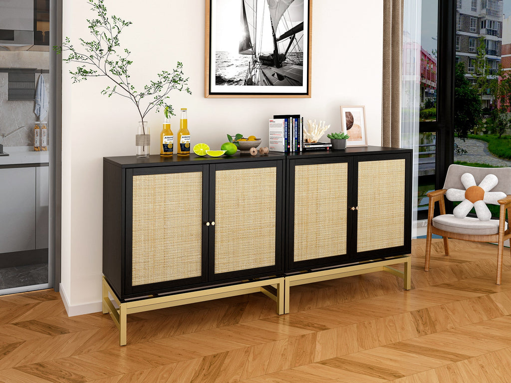 Black Set of 2 Rattan 2 Door Cabinet Q733369