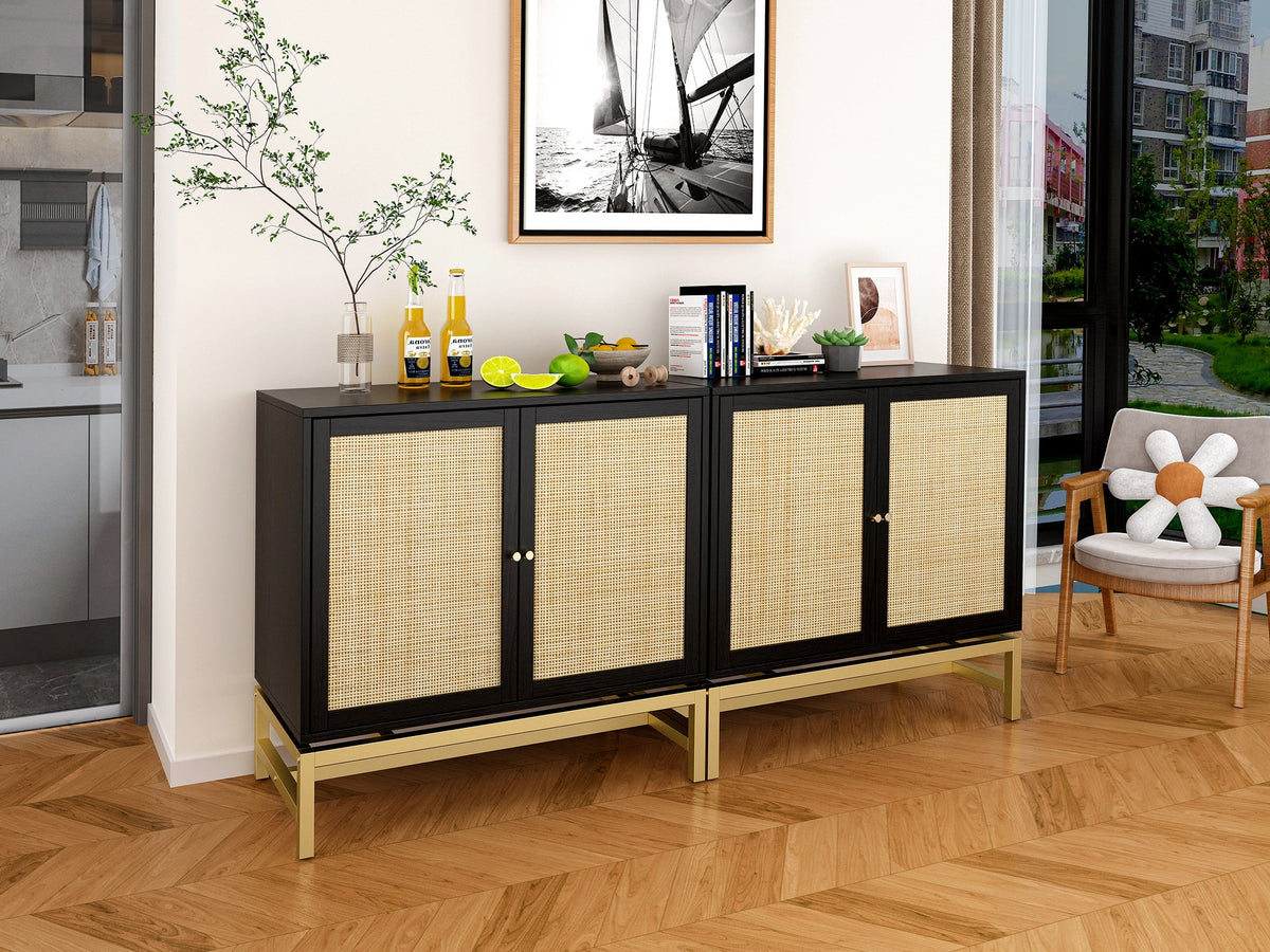 Black Set of 2 Rattan 2 Door Cabinet Q733369
