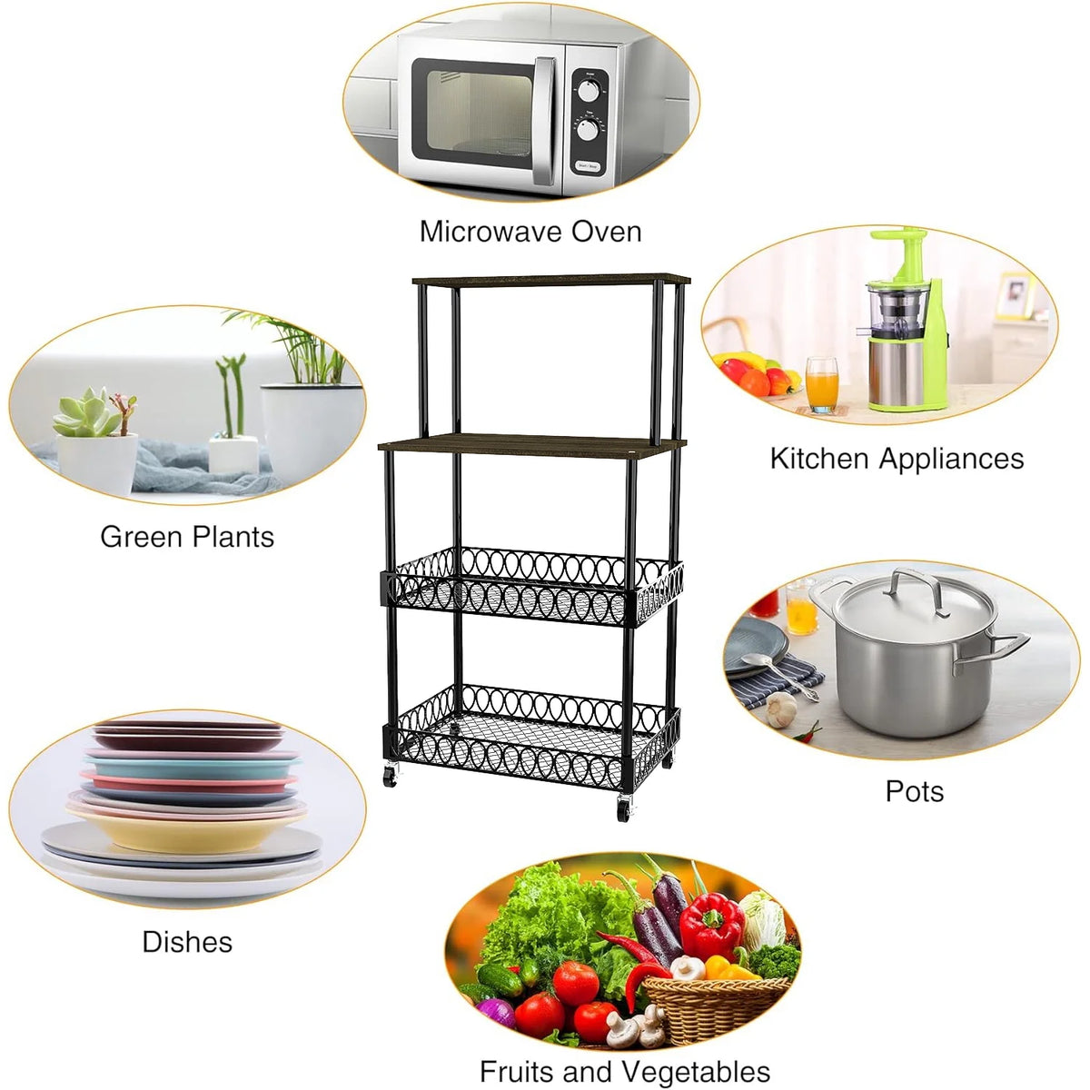 4-Tier Baker's Rack 48 inch Kitchen Storage Organizer with Metal Wheels D3400