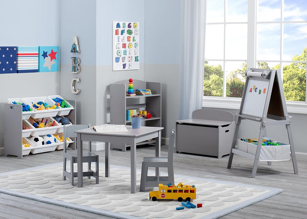 Kids Upholstered Chair with Cup Holder, Soft Grey & Kids Wood Table and Chair Set (2 Chairs Included) I43616