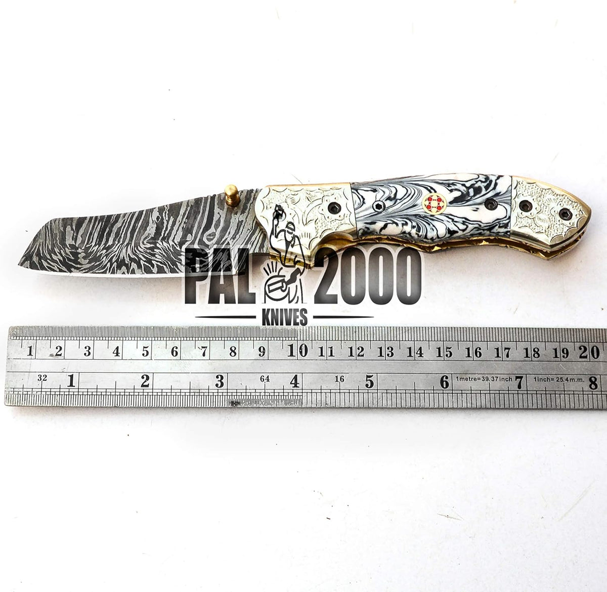 Handmade Damascus Steel Folding Pocket Hunting Knife with Sheath D53421