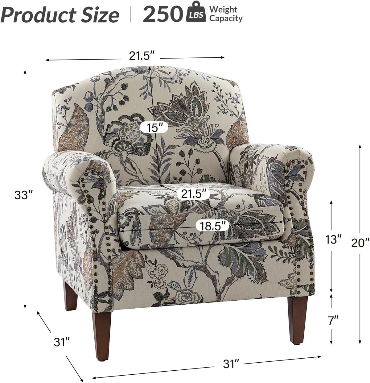Accent Chair Set Of 2 With Wood Legs & Removable Cushion, Upholstered Armchair, Floral Design, GREY S304007