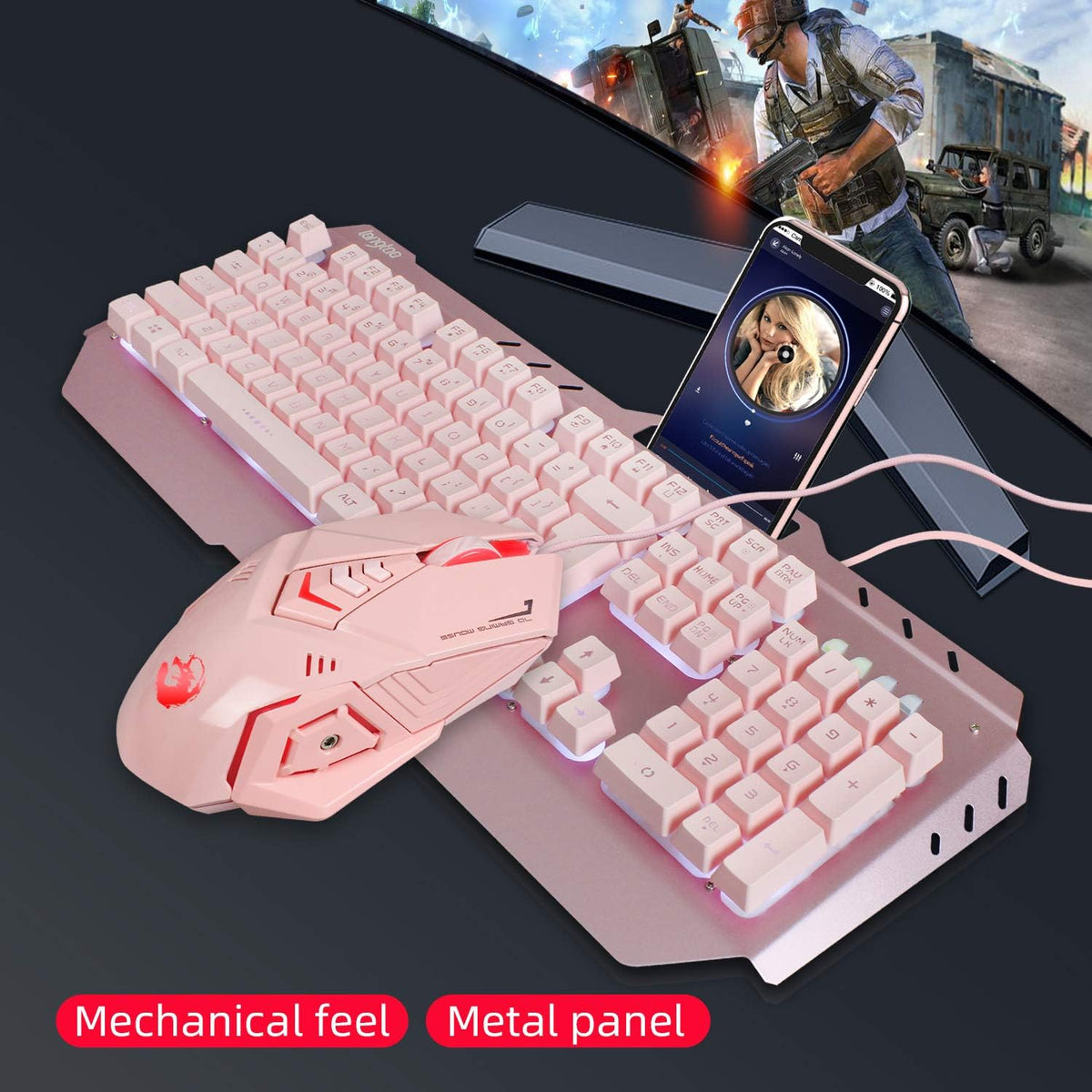 Pink 4-in-1 Gaming Keyboard Mouse Headset Combo, White Led Backlit 104 Keys Ergonomic Gamer Keyboard, 4800DPI Optical Game Mouse, 3.5mm Stereo Headset A955