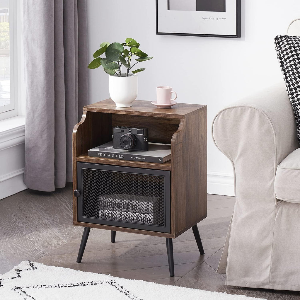 Brown Metal Nightstand with Storage Cabinet and Drawer Shelf D39494