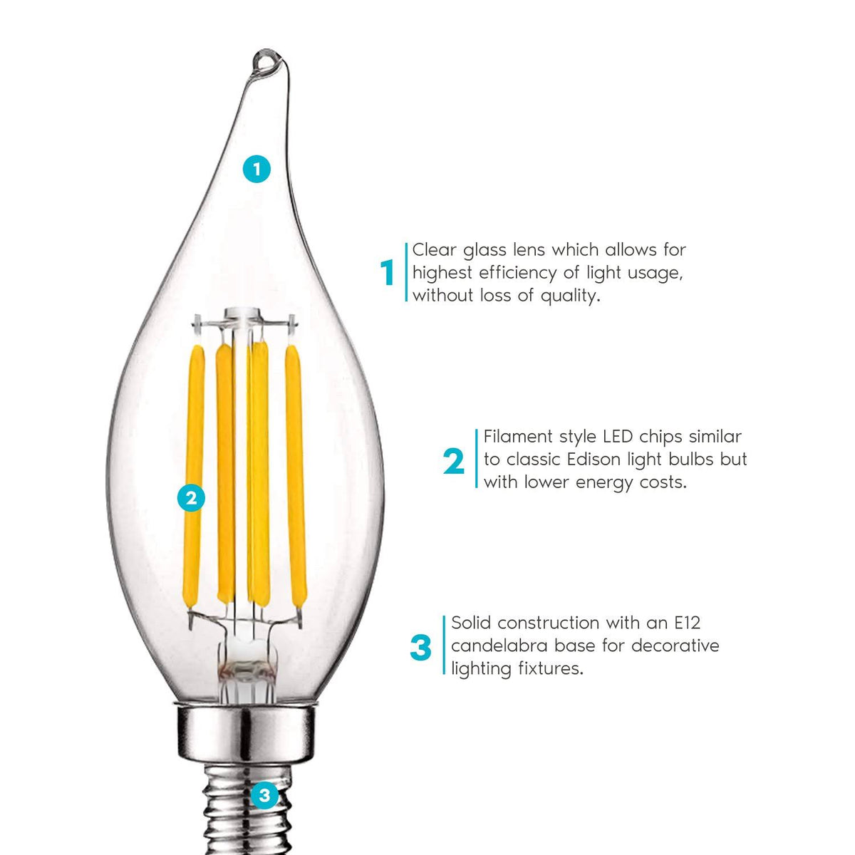 Vintage Candelabra E12 LED Bulb 5w, 550 Lumens, 2700K Warm White, Dimmable, Flame Tip Clear Glass (24 Pack) D4434