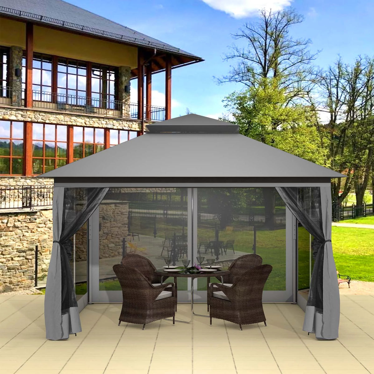 13 x13 ft Pop up Gazebo Canopy Shelter with Mosquito Netting, Brown Q4316