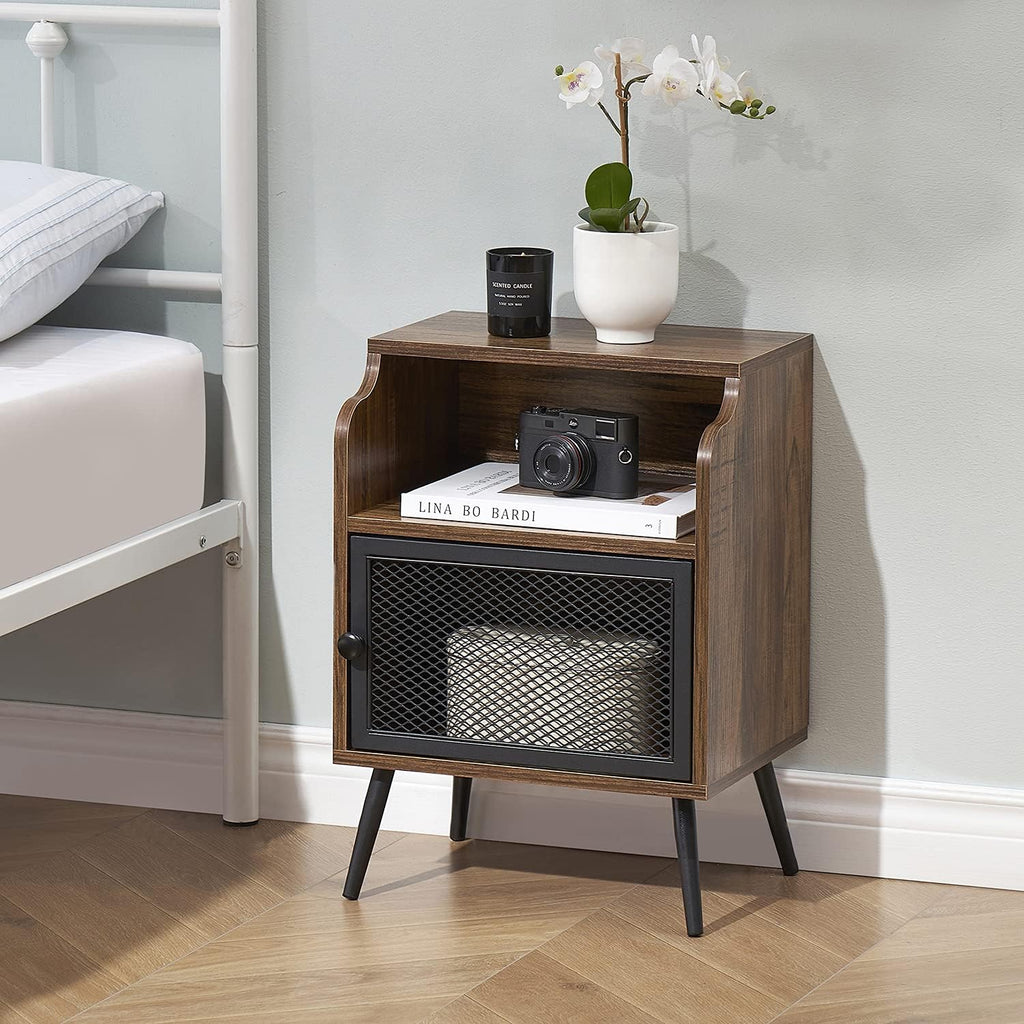 Brown Metal Nightstand with Storage Cabinet and Drawer Shelf D39494
