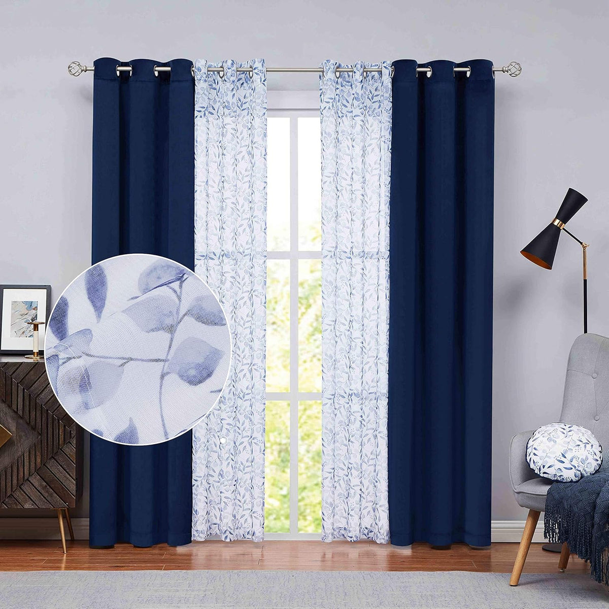 Grey Velvet Floral Sheer Curtains 63 inch 4 Pieces Set N130