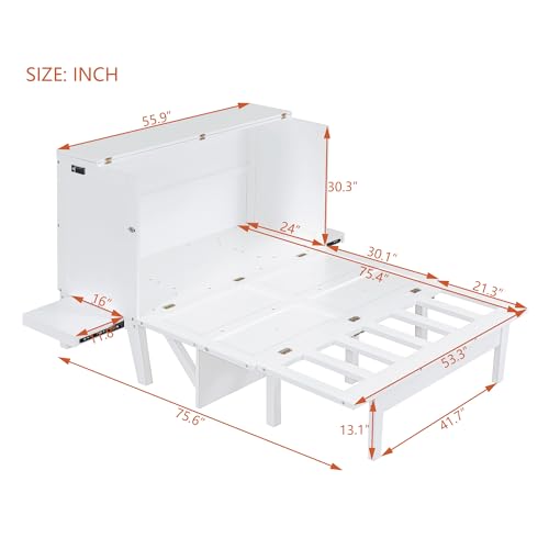 Full Size Murphy Bed with Desk, USB Port, and Shelves, White Wood Frame B741