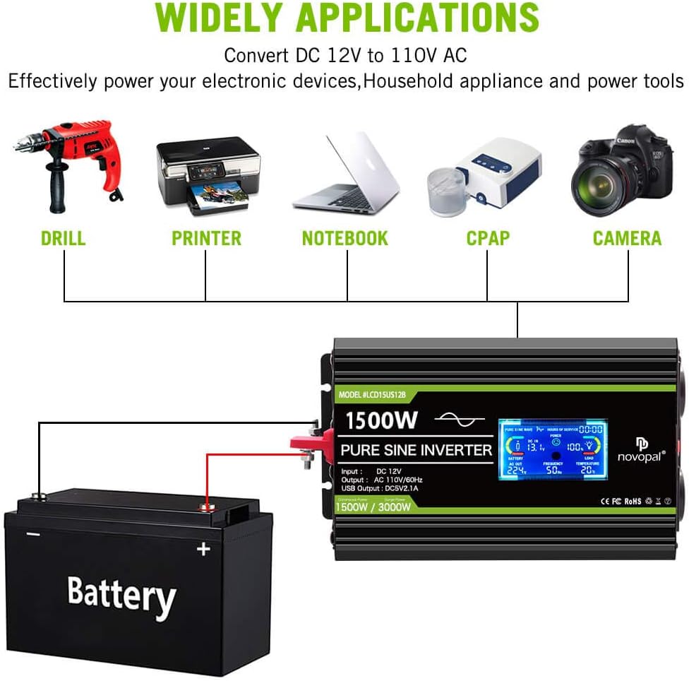 1500 watt Pure Sine Wave Power Inverter 12V to 110V/120V 4 AC Outlets Y328464