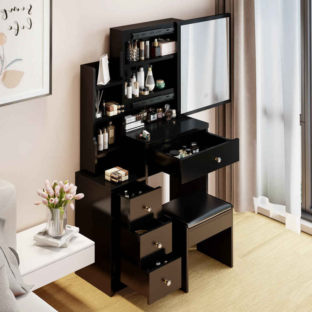 White Vanity Set with Sliding Mirror, Drawers & Stool F7834