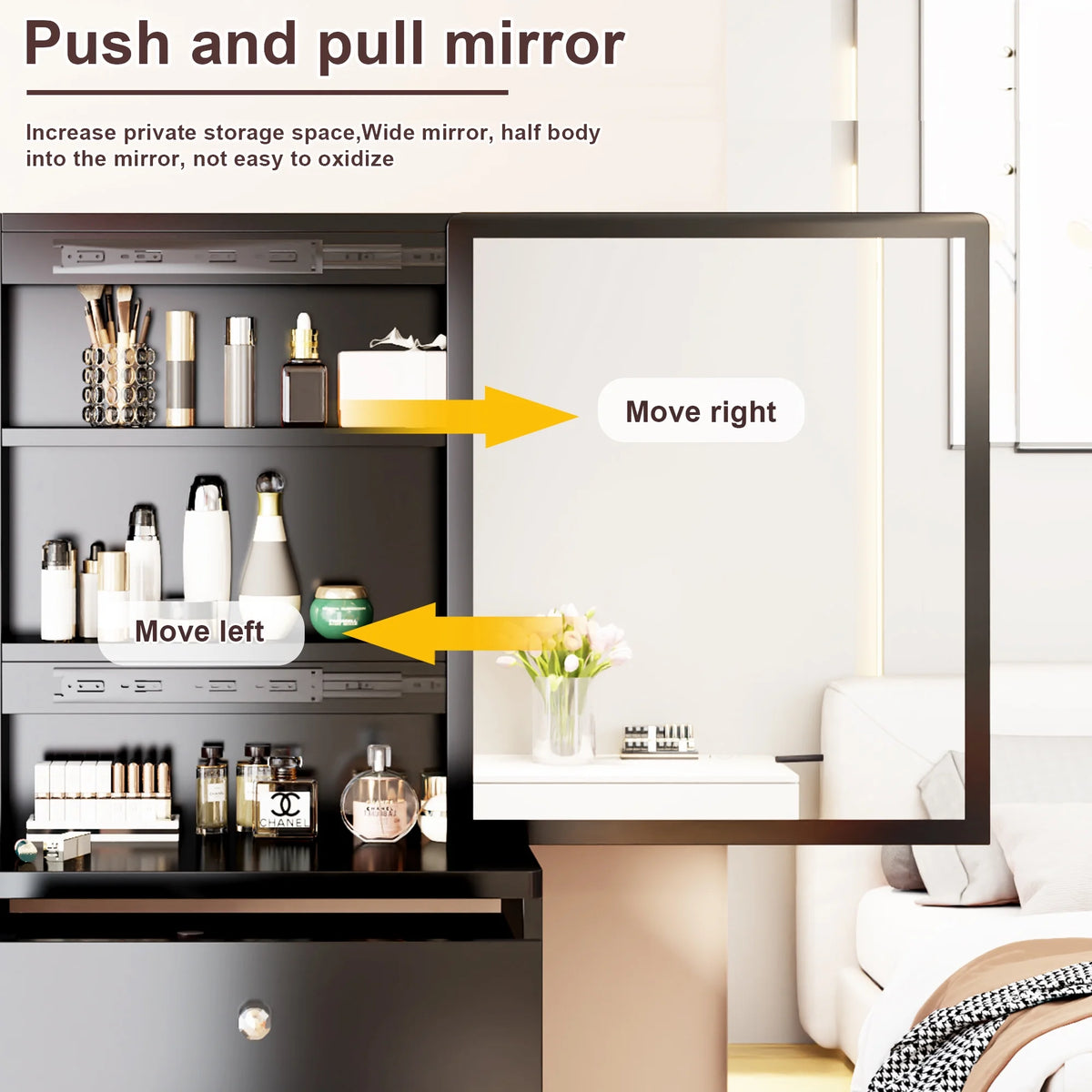 White Vanity Set with Sliding Mirror, Drawers & Stool F7834