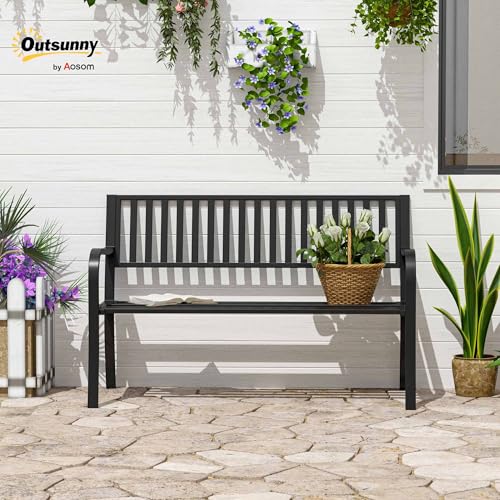 50" Black Metal Outdoor Garden Bench with Slatted Seat P2020