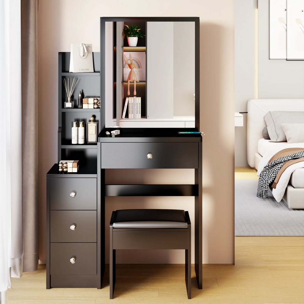 White Vanity Set with Sliding Mirror, Drawers & Stool F7834