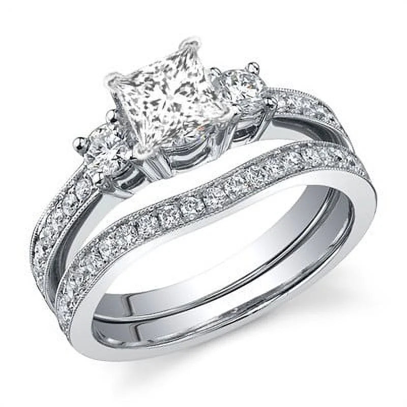 Three Stone Diamond Bridal Set 1 Carat Princess Cut Diamond 10k Gold C207393