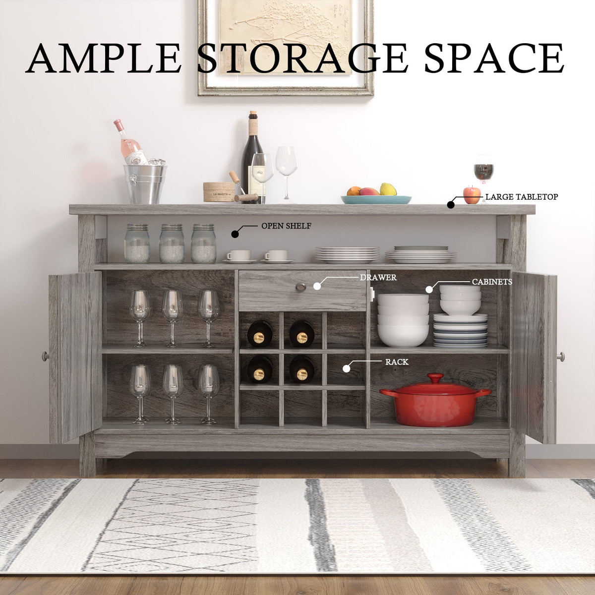 White 47 Kitchen Buffet Storage Cabinet with Barn Door H849