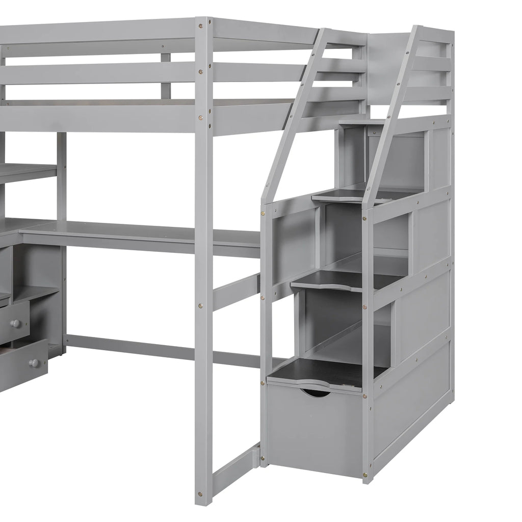 Full Wood Loft Bed with Desk, Storage Stairs, Two Drawers P676