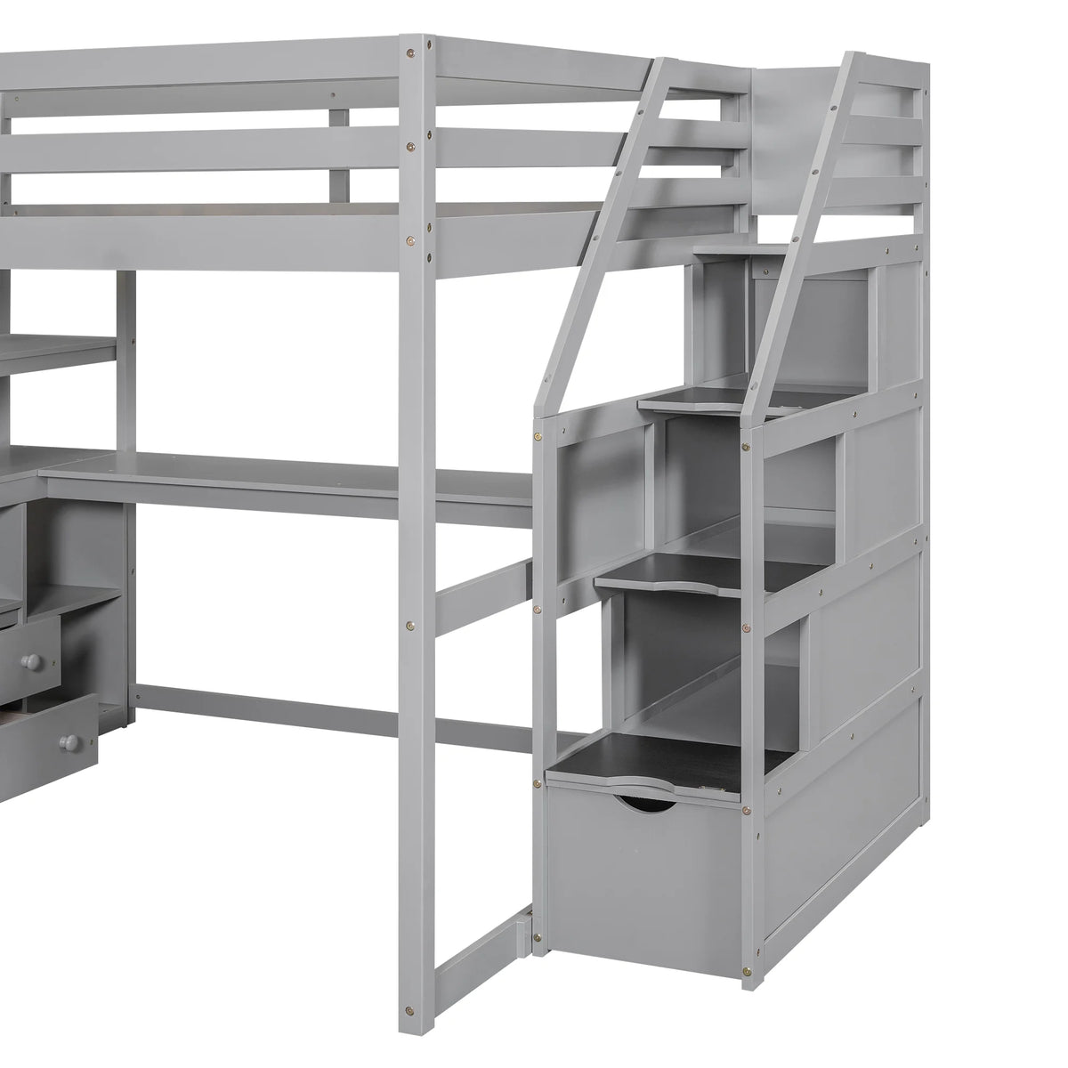 Full Wood Loft Bed with Desk, Storage Stairs, Two Drawers P676