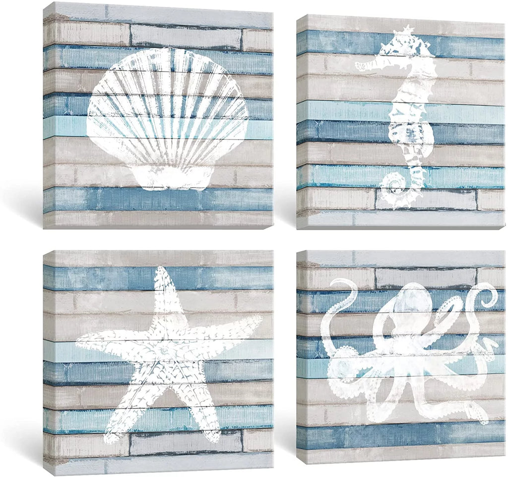 Blue Coastal Nautical Canvas Prints set of 4, 12x12 inch O516987