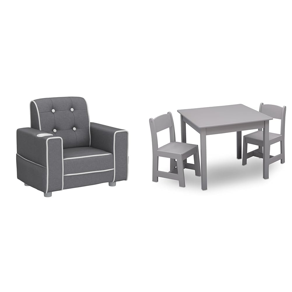 Kids Upholstered Chair with Cup Holder, Soft Grey & Kids Wood Table and Chair Set (2 Chairs Included) I43616