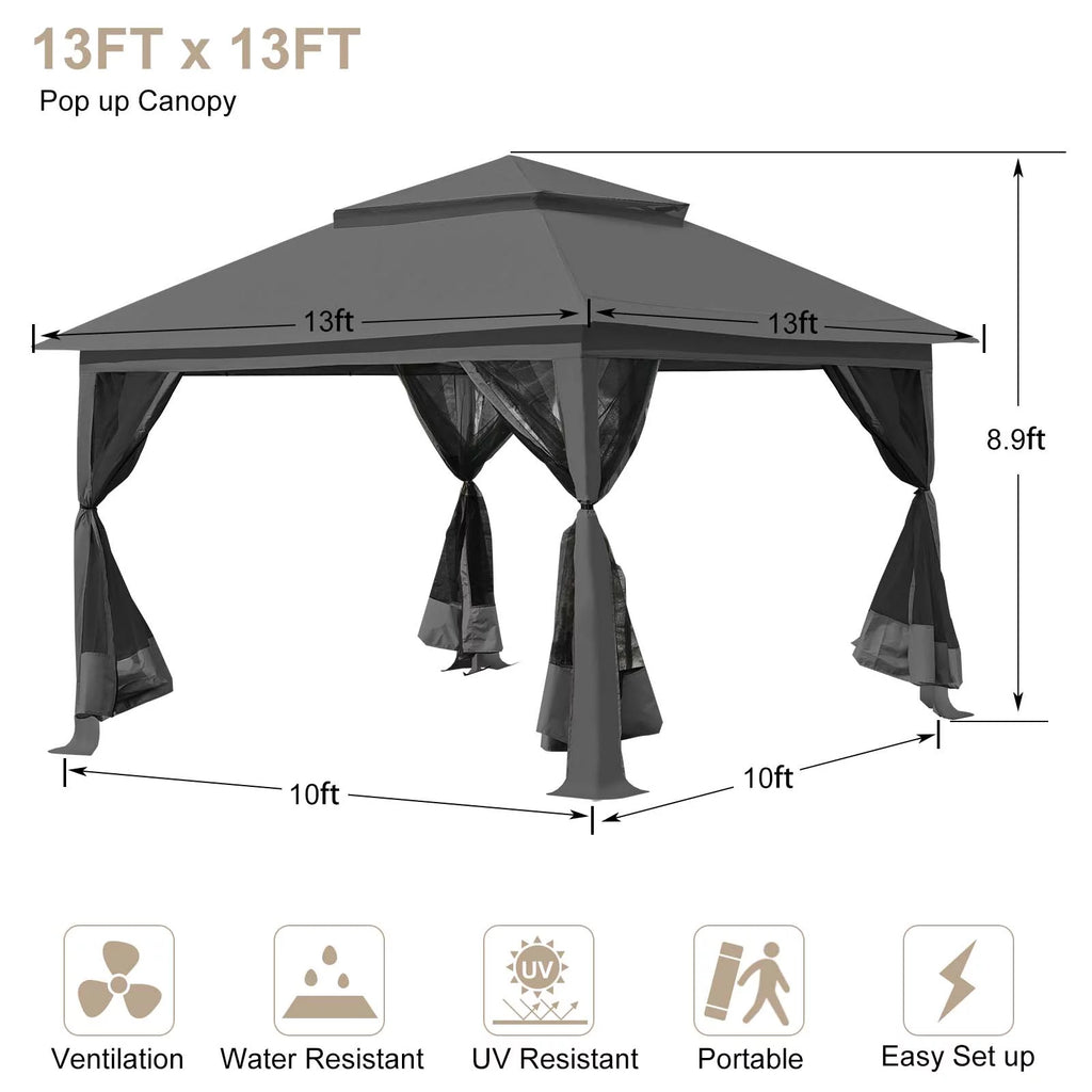 13 x13 ft Pop up Gazebo Canopy Shelter with Mosquito Netting, Brown Q4316