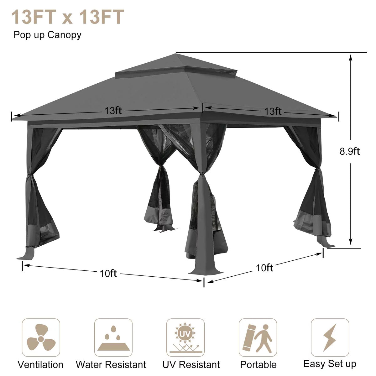 13 x13 ft Pop up Gazebo Canopy Shelter with Mosquito Netting, Brown Q4316