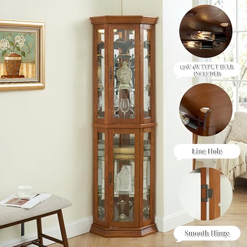 Lighted Corner Curio Display Cabinet with Adjustable Shelves & Mirrored Back N955473