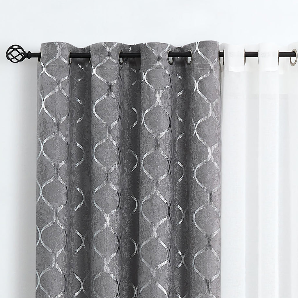 Grommet Blackout Curtain Silver Geometric Metallic, 52x63, Grey, 4 Panels H501