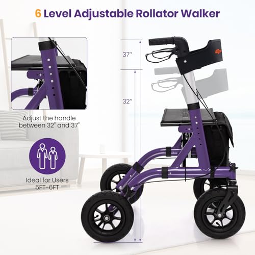 Foldable Rollator Walker with Seat, 9.5" All Terrain Pneumatic Wheel, Heavy Duty S5065