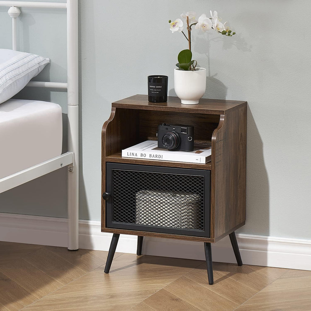 Brown Metal Nightstand with Storage Cabinet and Drawer Shelf D39494
